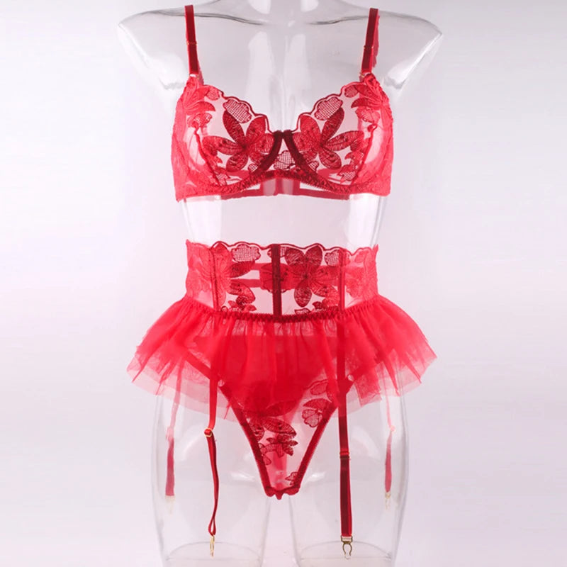 Push Up Strappy Embroidered Mesh Sheer Lingerie Set