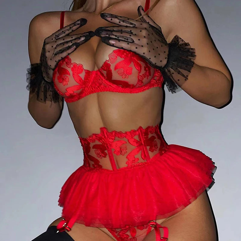 Push Up Strappy Embroidered Mesh Lingerie