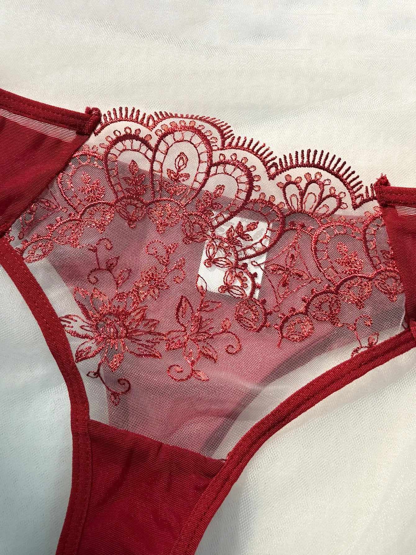 WineRed French-style floral embroidery lace lingerie set