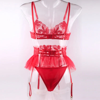 Push Up Strappy Embroidered Mesh Sheer Lingerie Set