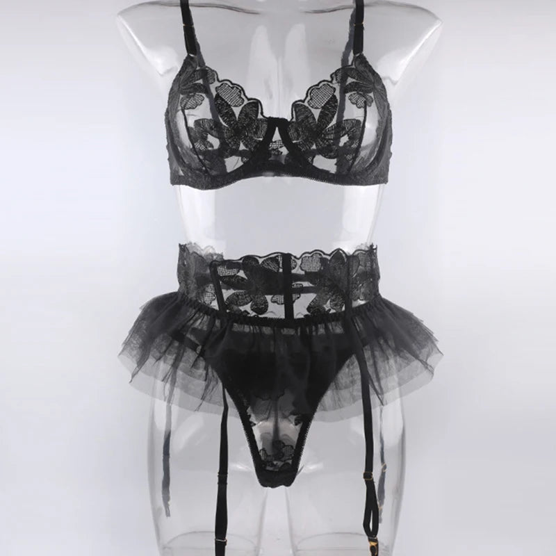 Push Up Strappy Embroidered Mesh Lingerie