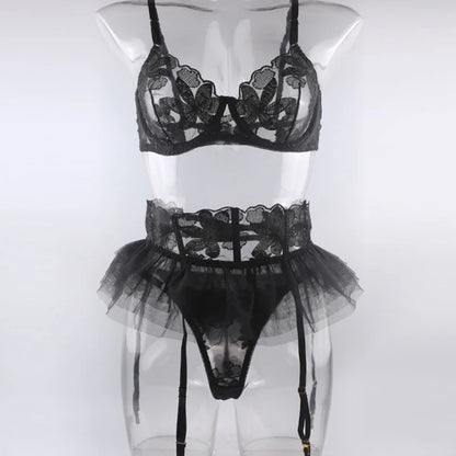 Push Up Strappy Embroidered Mesh Lingerie