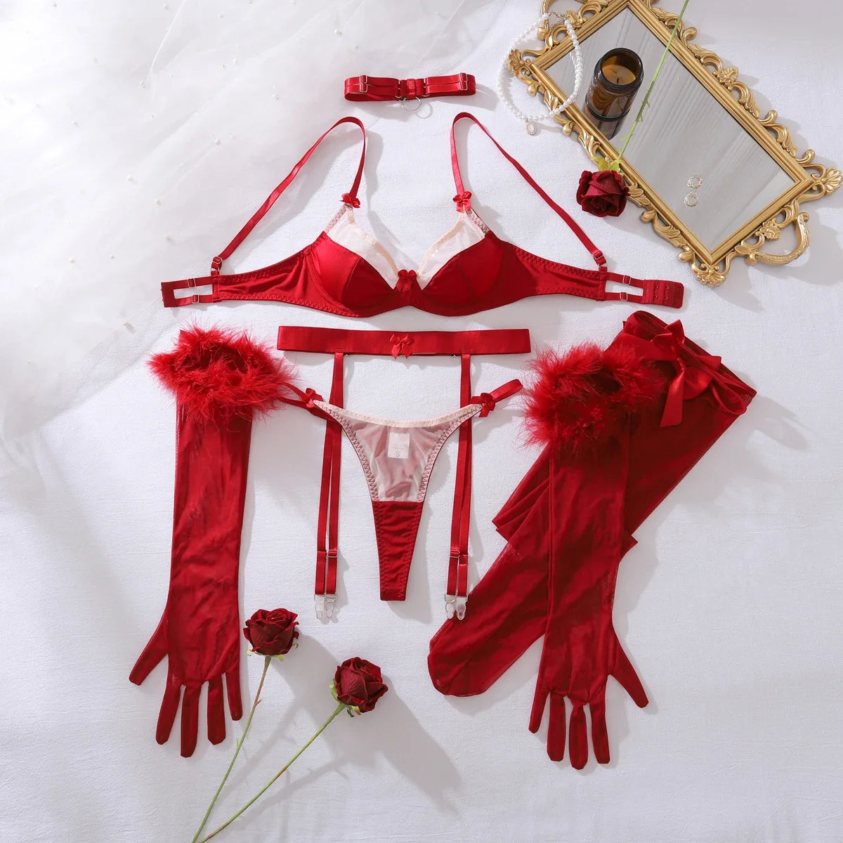Valentine's 3PC Sexy Bra Set w/ Gloves Stockings Choker