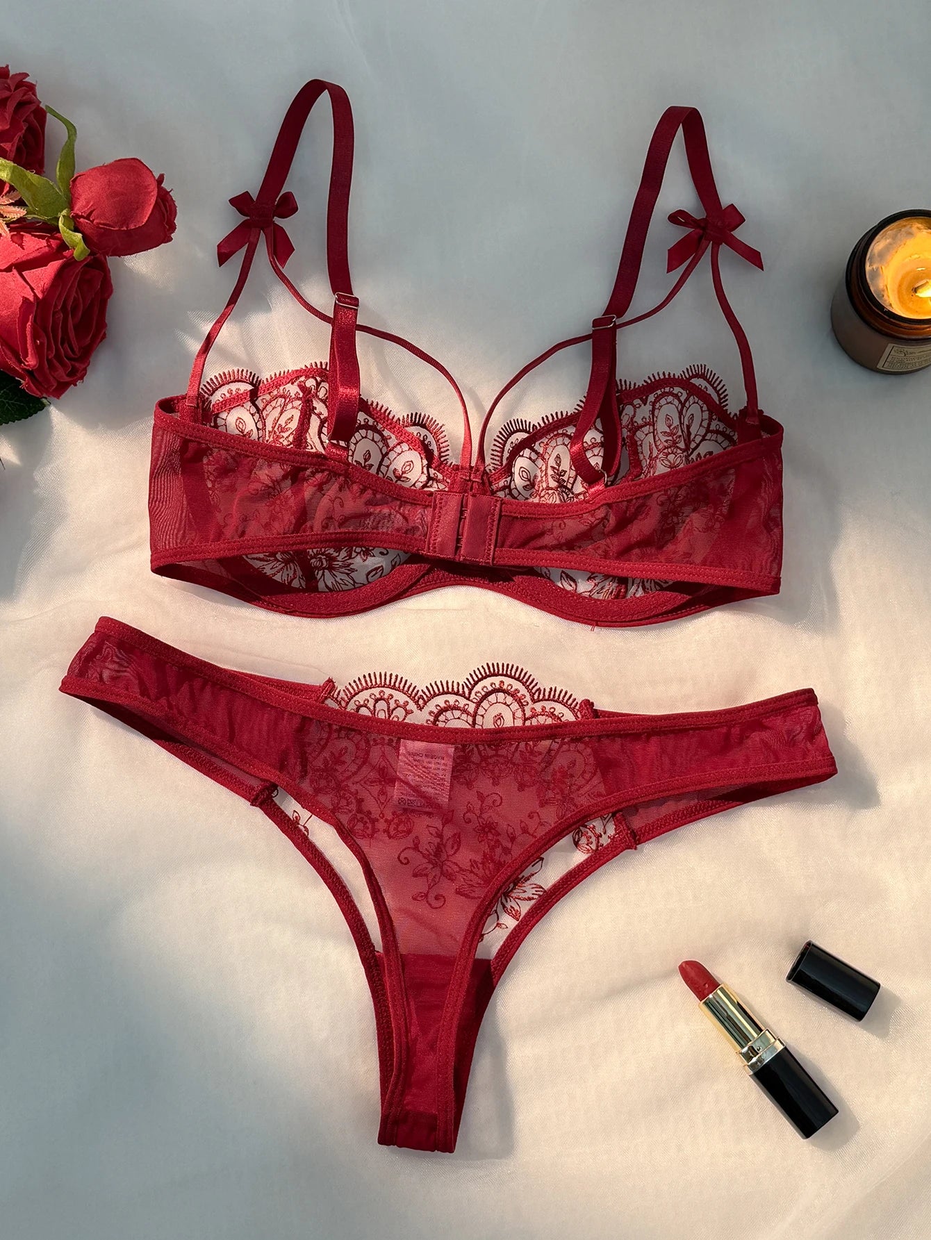 WineRed French-style floral embroidery lace lingerie set