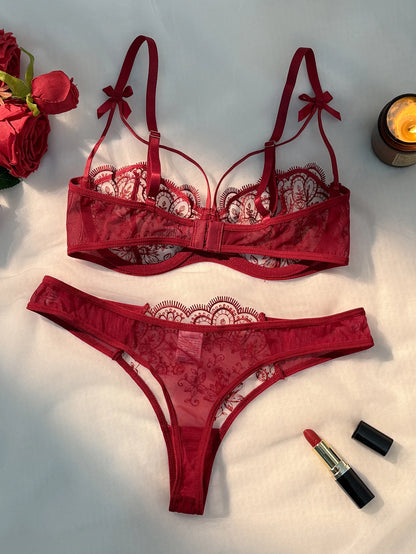 WineRed French-style floral embroidery lace lingerie set
