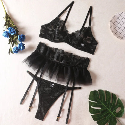 Push Up Strappy Embroidered Mesh Lingerie