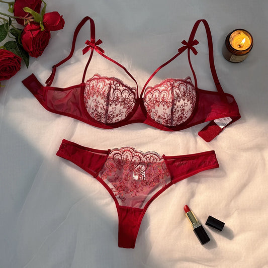 WineRed French-style floral embroidery lace lingerie set