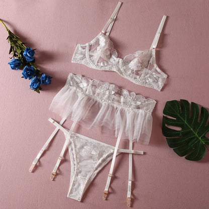 Push Up Strappy Embroidered Mesh Lingerie