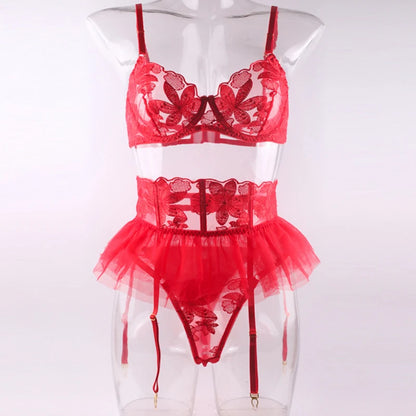 Push Up Strappy Embroidered Mesh Lingerie