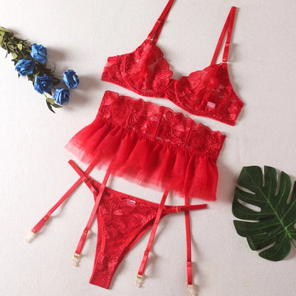 Push Up Strappy Embroidered Mesh Sheer Lingerie Set