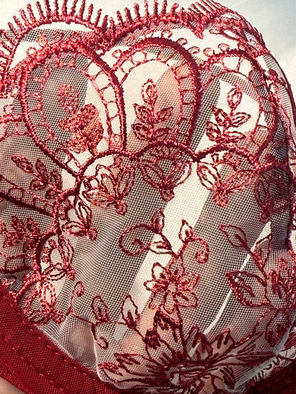 WineRed French-style floral embroidery lace lingerie set