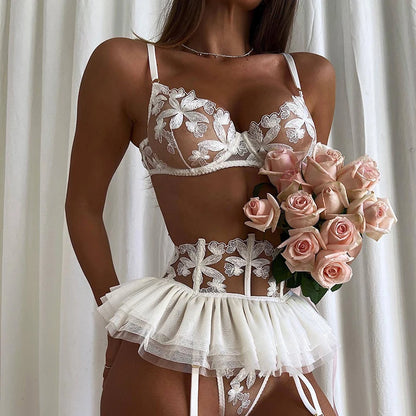 Push Up Strappy Embroidered Mesh Lingerie