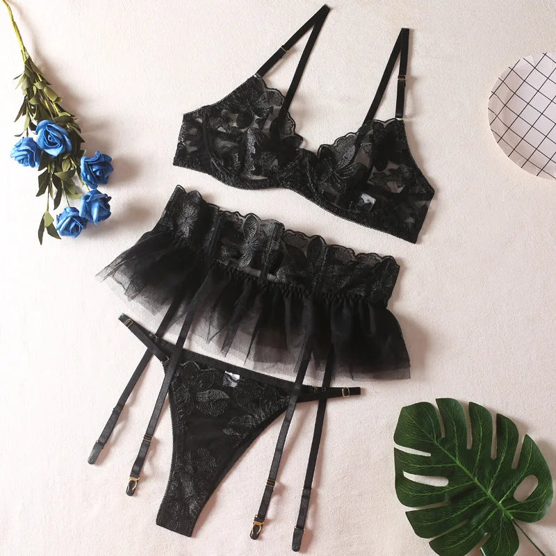 Push Up Strappy Embroidered Mesh Sheer Lingerie Set